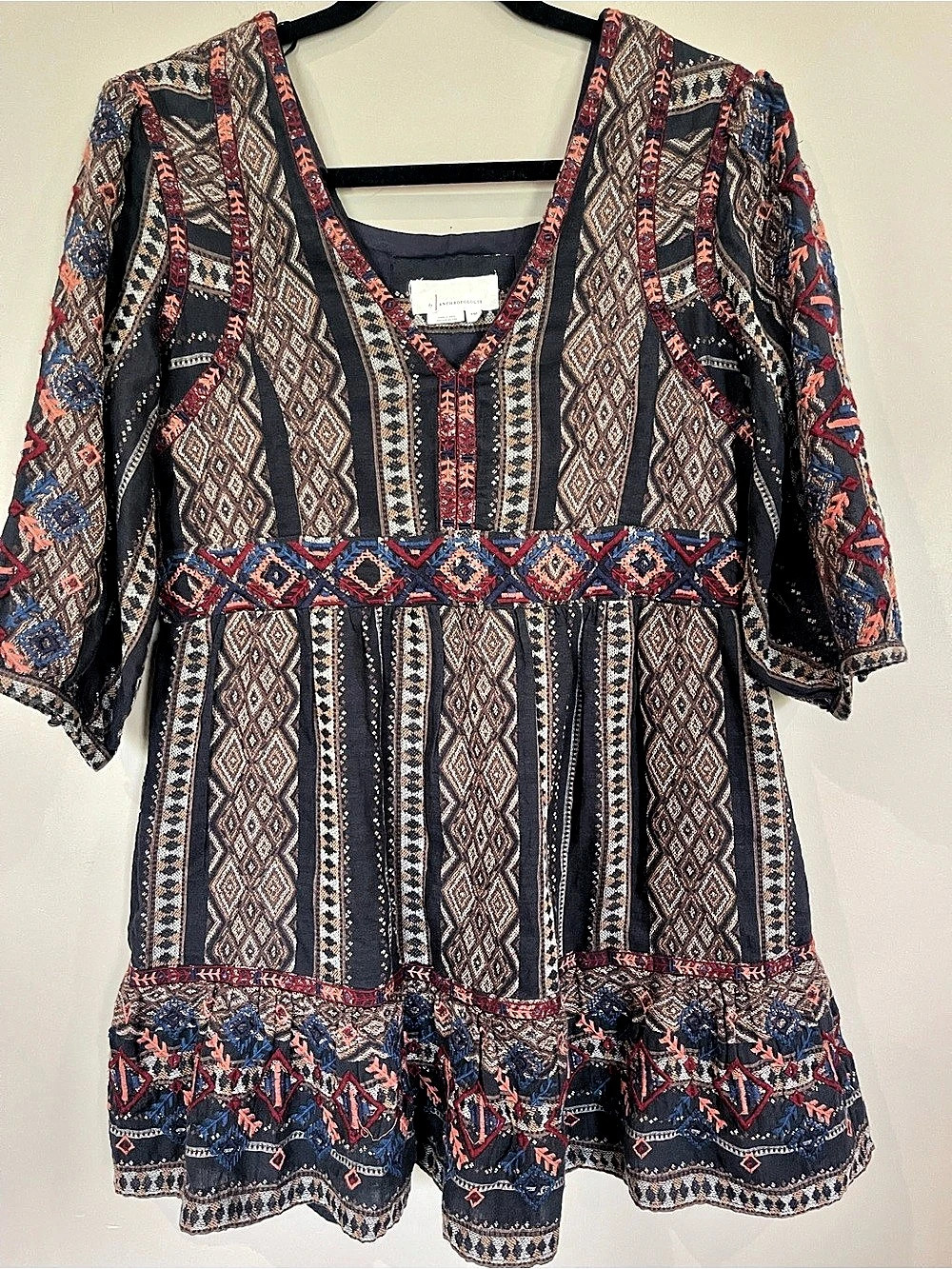 Anthropologie Geometric Mini Tunic Dress with Embroidery Details